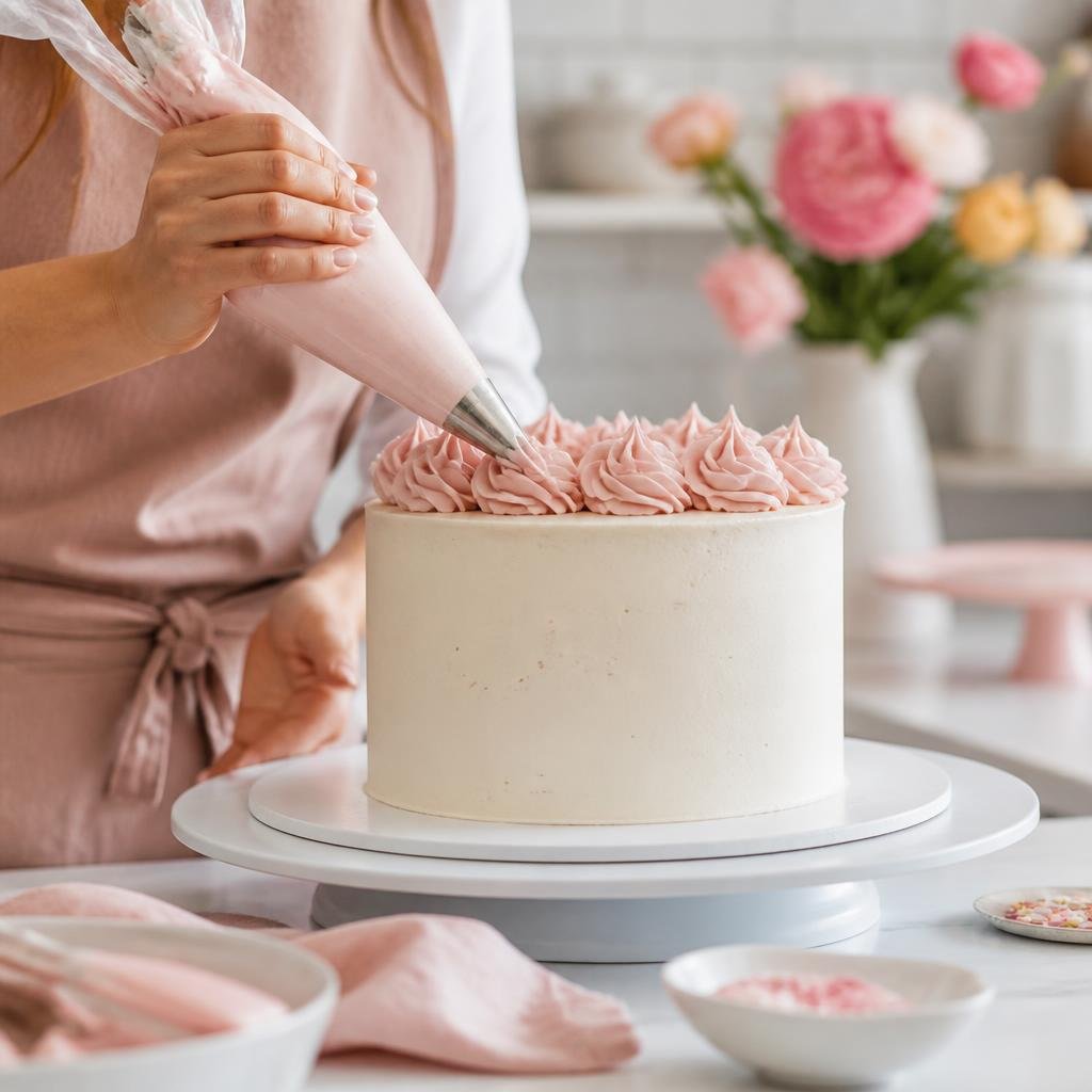 Baker piping pink buttercream rosettes onto a cake in a bright kitchen