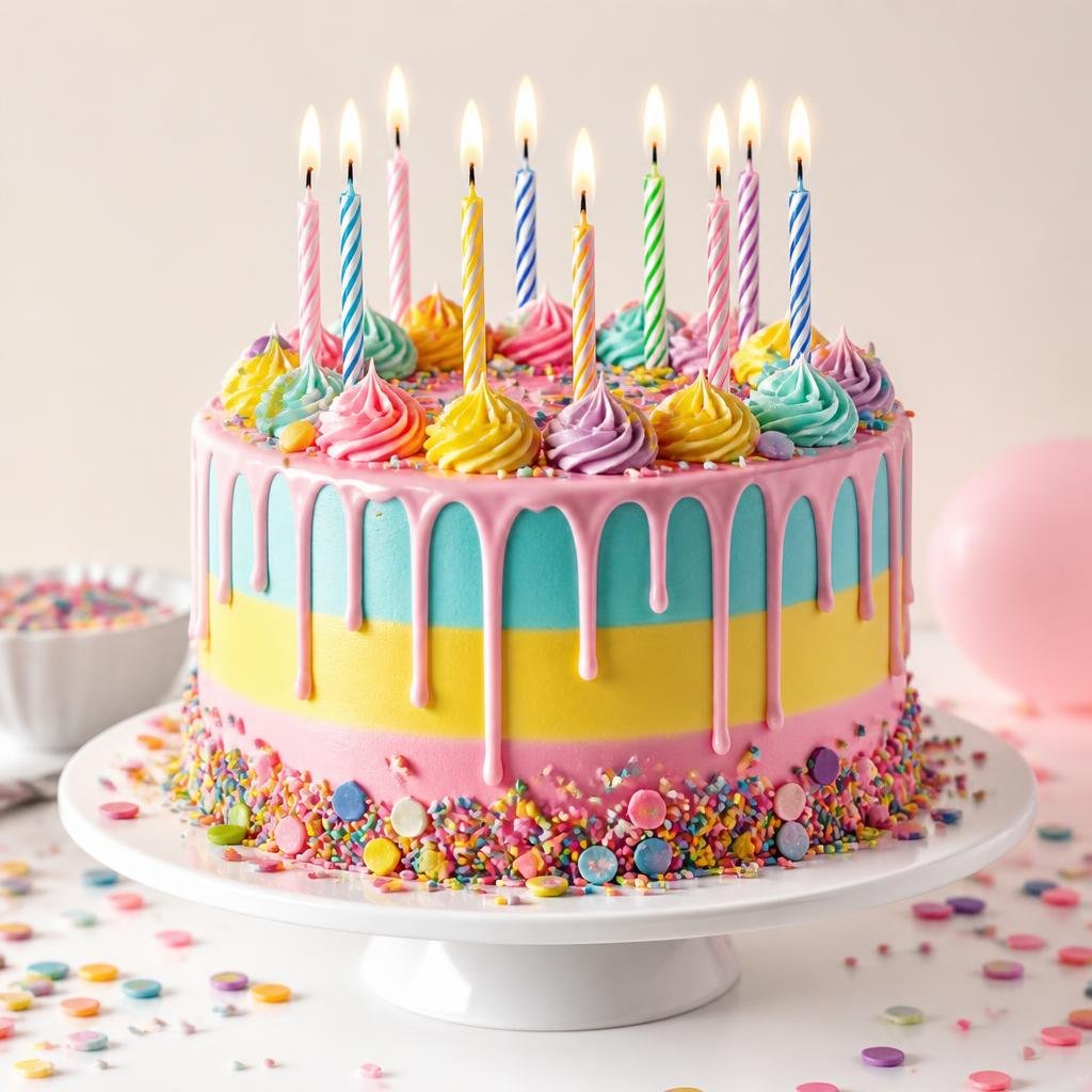 Colourful birthday cake with candles and pastel drip icing