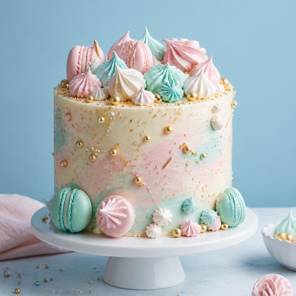 Pastel celebration cake topped with meringue kisses and macarons