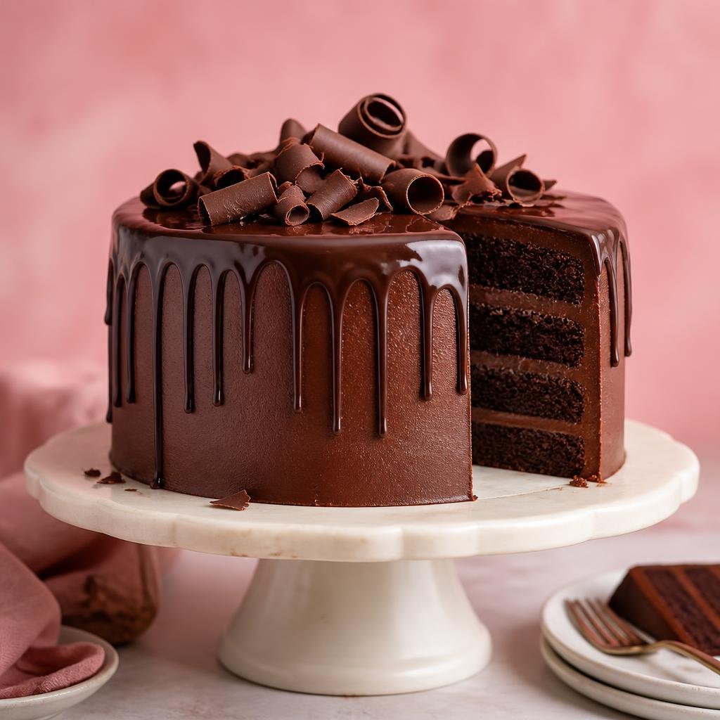 Chocolate layer cake with glossy ganache drip