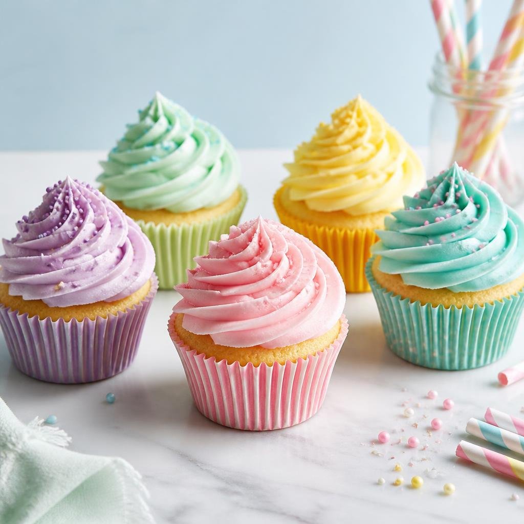 Row of pastel buttercream cupcakes