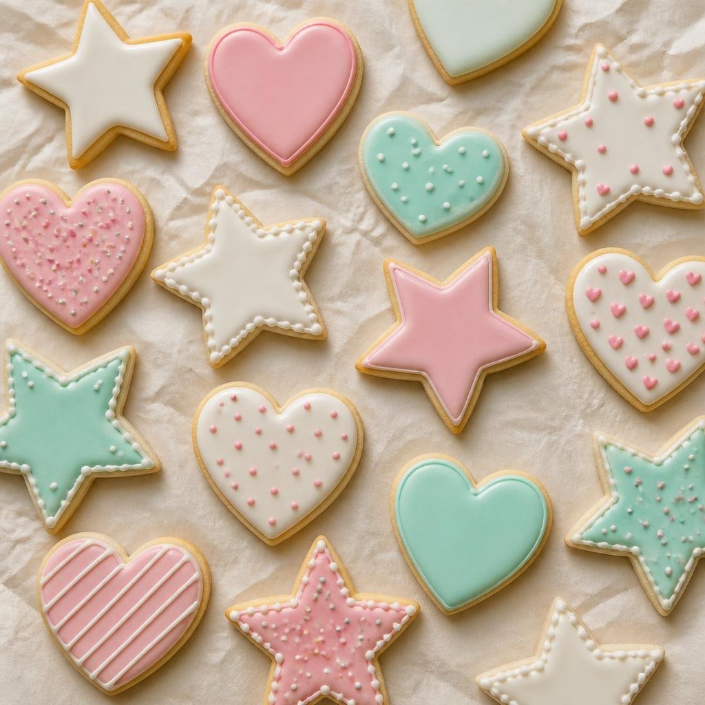 Pastel iced heart and star sugar cookies