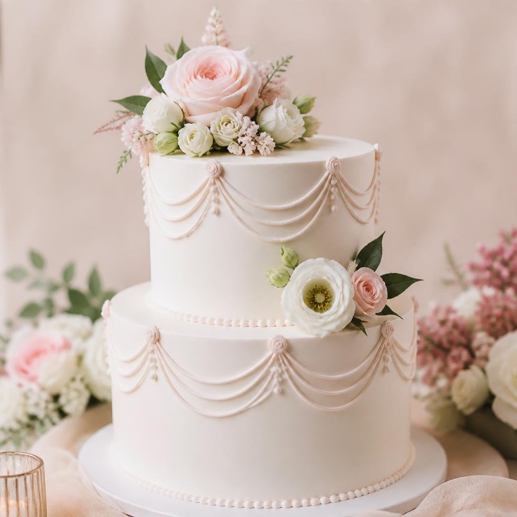 Elegant two tier custom cake with fresh flowers
